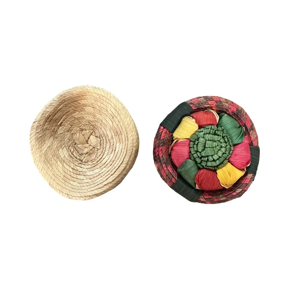 Vintage Woven Straw Trinket Box Floral Lid Round 4 Inch Boho Decor